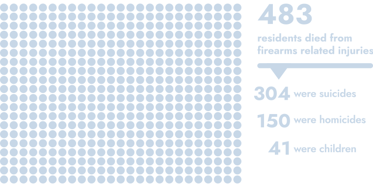 Graph: 486 residents died from firearm related injuries, 304 were suicides, 150 were homicides, 41 were children 
